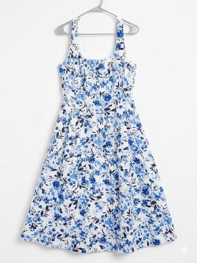 FREE ASSEMBLY FLORAL COTTON MIDI DRESS WITH POCKETS BLUE WHITE M